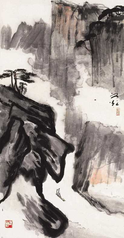 谢之光 峡间行舟图 立轴